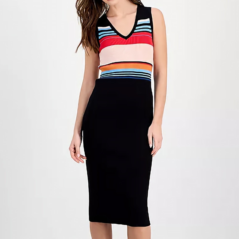 T Tahari Ribbed Knit Striped Bodycon Black Dress V Neck Sleeveless Womens M NWT